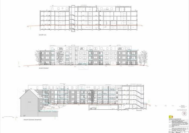 Ansichten Innenhof und Gebäudeschnitt